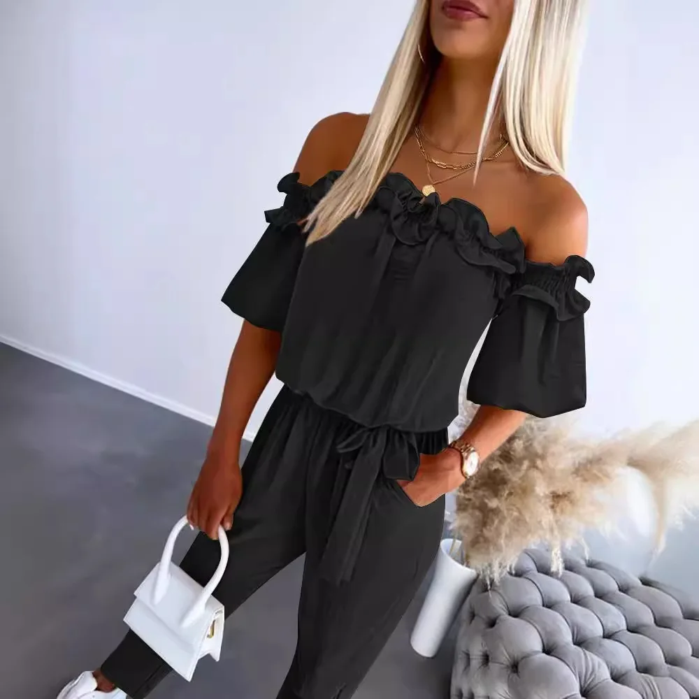 

Off Shoulder Frill Hem Tied Detail Jumpsuit Women Solid Color High Waist Jumpsuits Pants Overall