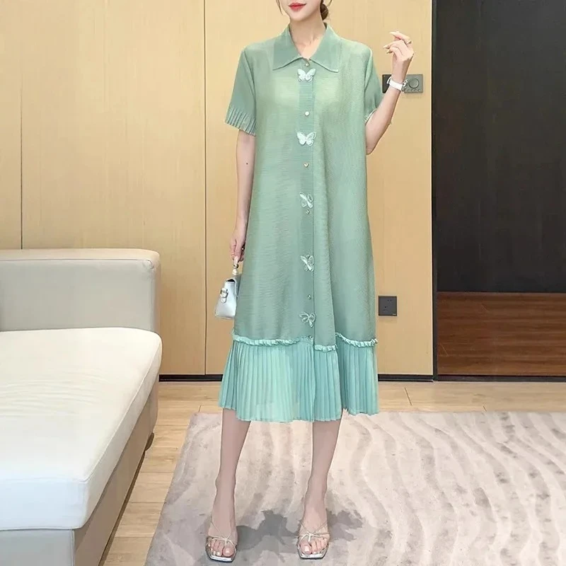 

2025 Summer Solid Colour Single-breasted Women's Pleated Dress Fashion Casual Splicing Design Sense Elasticated Closure Skirt