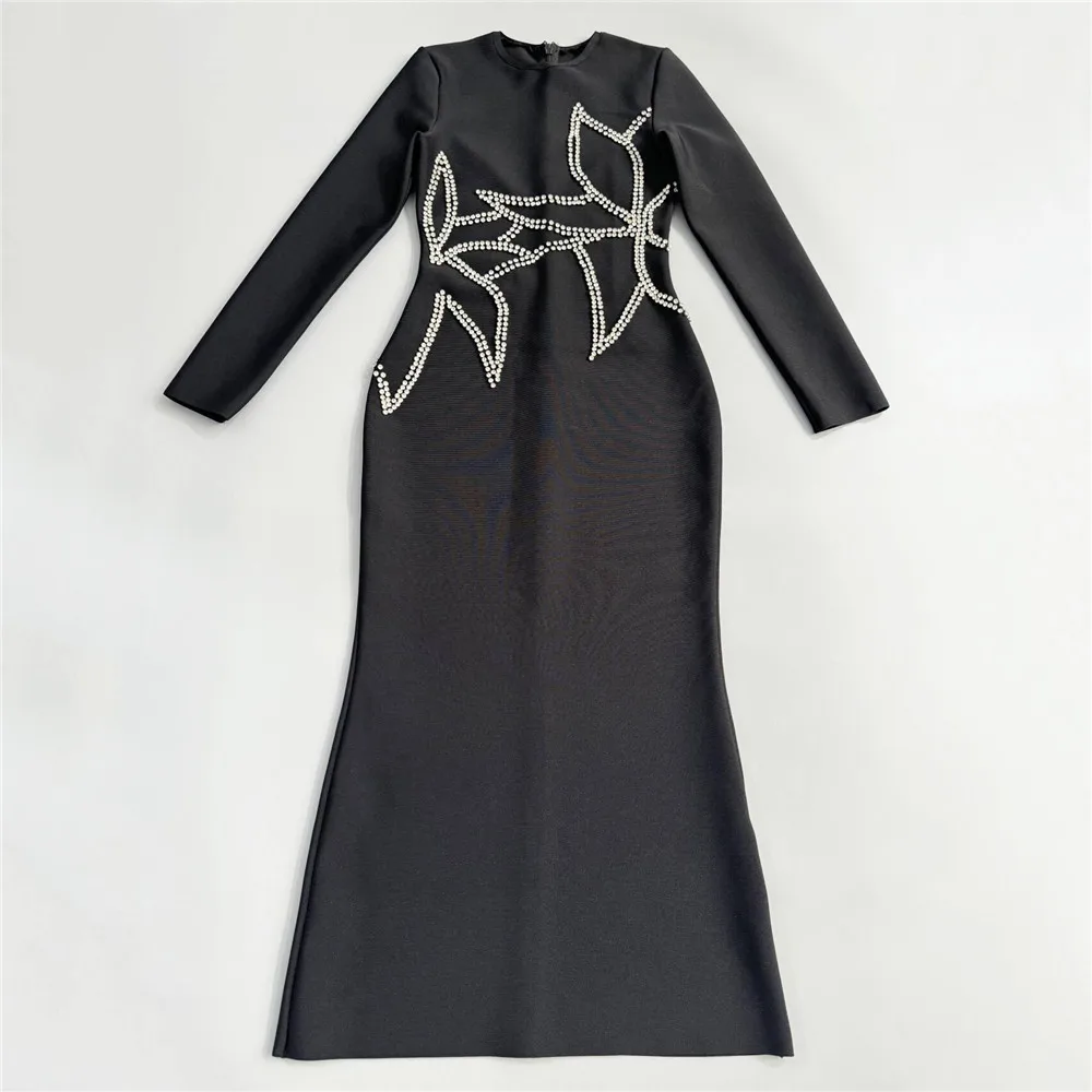 2025 Sexy lange mouwen strass maxi bandagejurk voor vrouwen elegante o-hals bodycon avondfeest cocktail clubjurken nieuw
