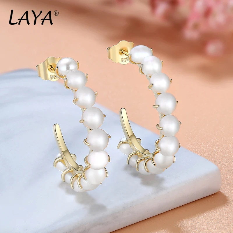 LAYA 925 Sterling Silver Hoop Earrings For Women Fashion Personality Natural Pearl Party Wedding Luxury Piercing Ear Jewelry