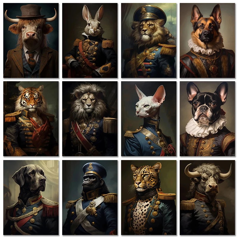 Vintage Animal Head Human Body Canvas Painting And Prints Cat Dog Lion Cow Tiger Rabbit Court Style Posters Wall Art Home Dec