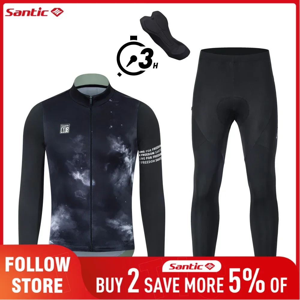 Santic Men's Fleece Cycling Sets Autumn Winter Windproof Bicycle Clothing Suits Long Sleeve 4D Padded Pants MTB Bike Jersey Sets