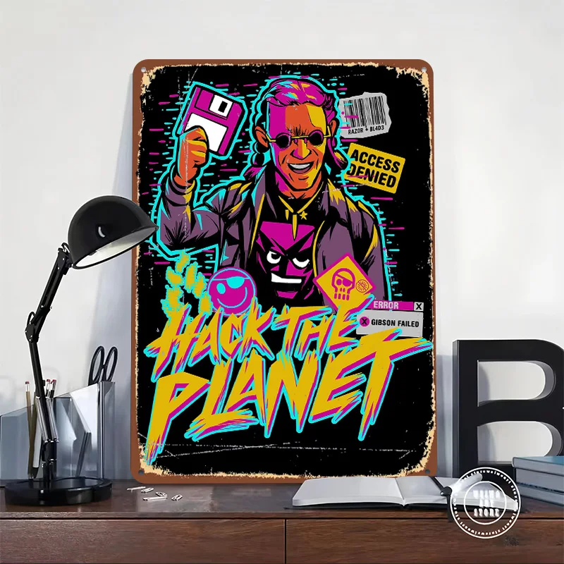 Hack the Planet - Vaporwave Version Tin Plaque Poster Customized Wall Art Retro Vintage Metal Signs for Room Home Decoration