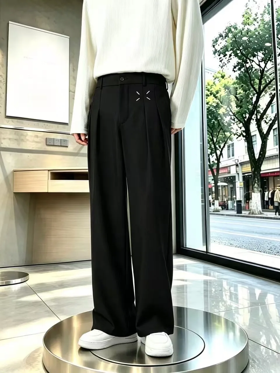 Anti-Wrinkle Straight Leg Men's Casual Pants Black Embroidered Loose Fit Hong Kong Style Comfortable Polyester Fiber