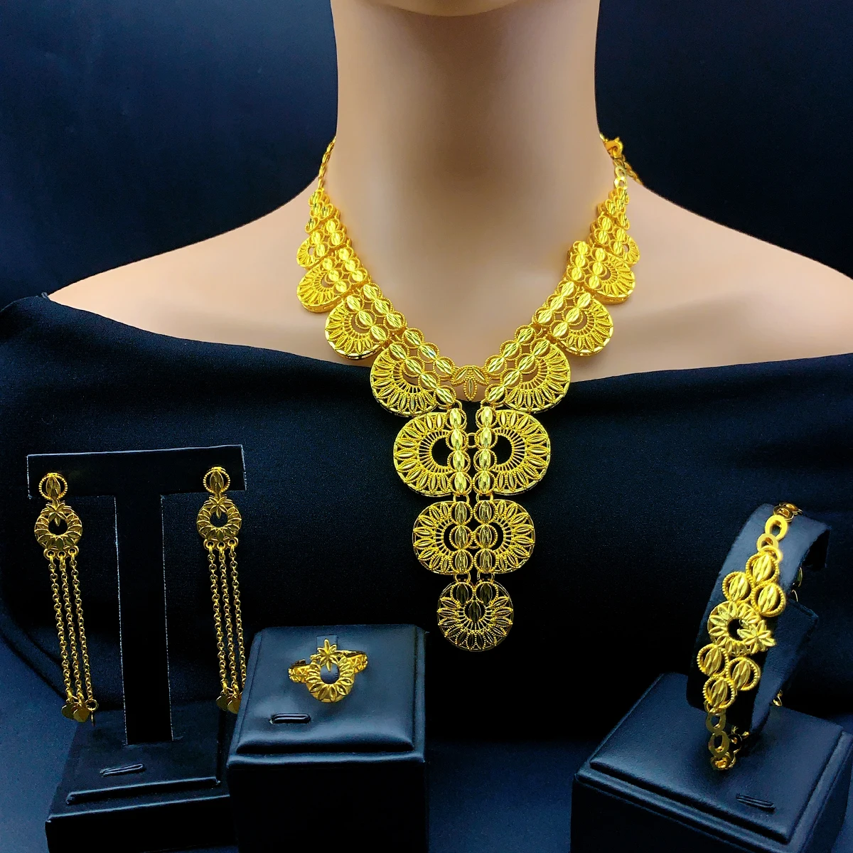 

ANIID Ethiopian 24K Gold Color Long Jewelry Sets Wedding Dubai Necklace Earrings For Women Nigerian Indian Bridal Set Party Gift