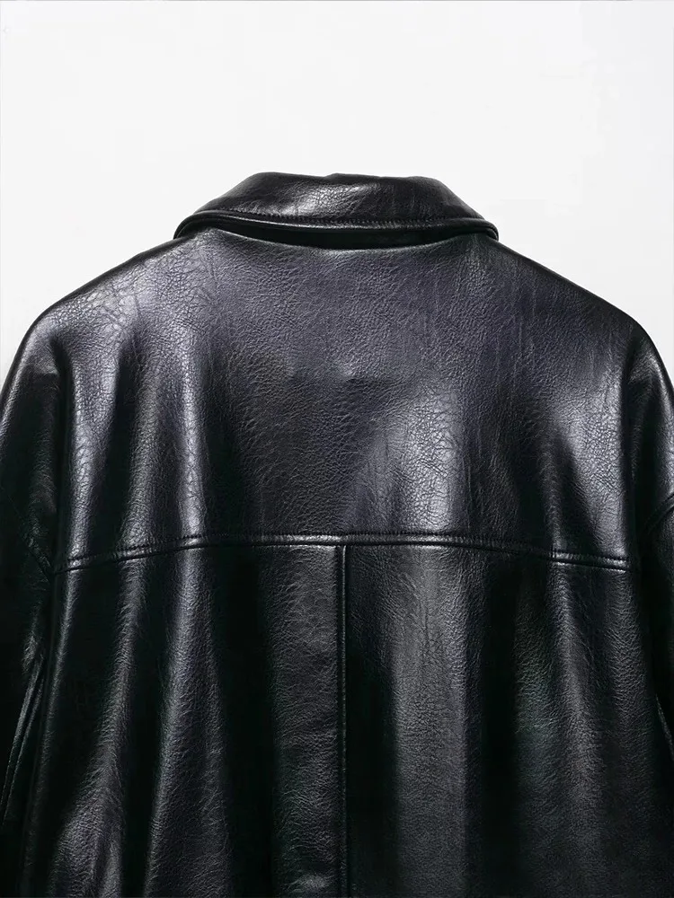 KONDALA Casual Chic Giacca in pelle nera Tasche da donna Manica lunga Cappotti con cerniera Moda 2025 Autunno Inverno Streetwear Outwears