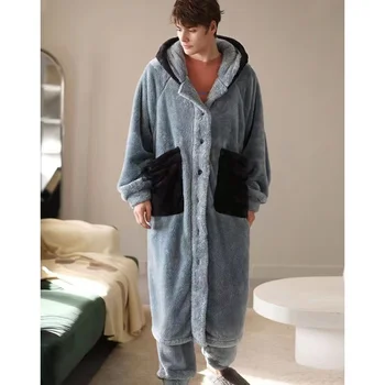 Winter Warme Pyjama Sets Voor Heren Capuchon Lange Badjas Pakken Elastische Broek Oversized Nachtkleding Heren Huiskleding