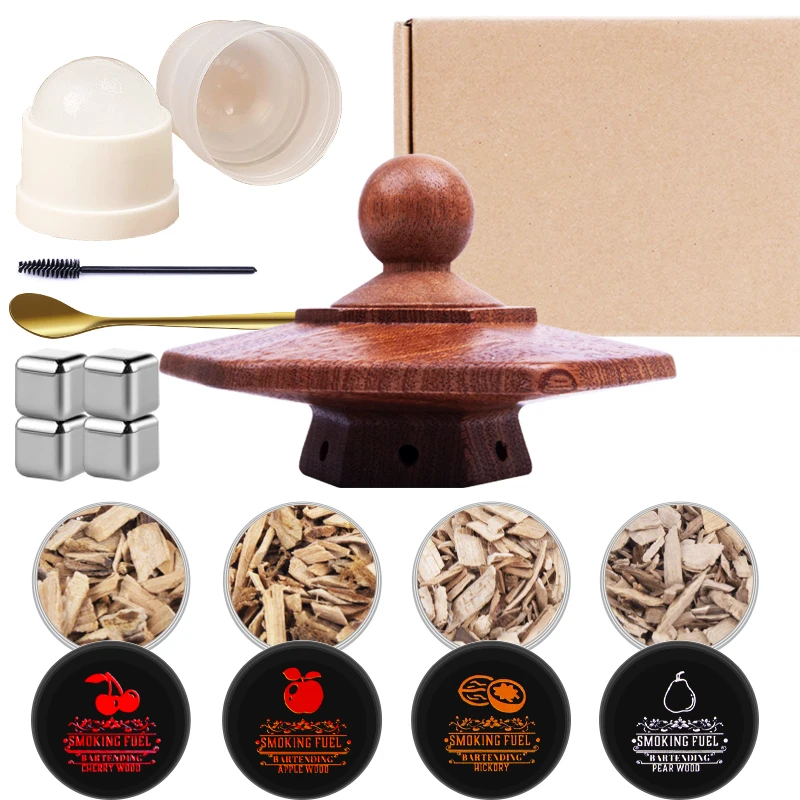 Whiskey Smoker Kit with 4 Natural Wood Chips Anti-Burn Cocktail Smoker Set with Reusable Ice Cubes Birthday Bourbon Gift for Men