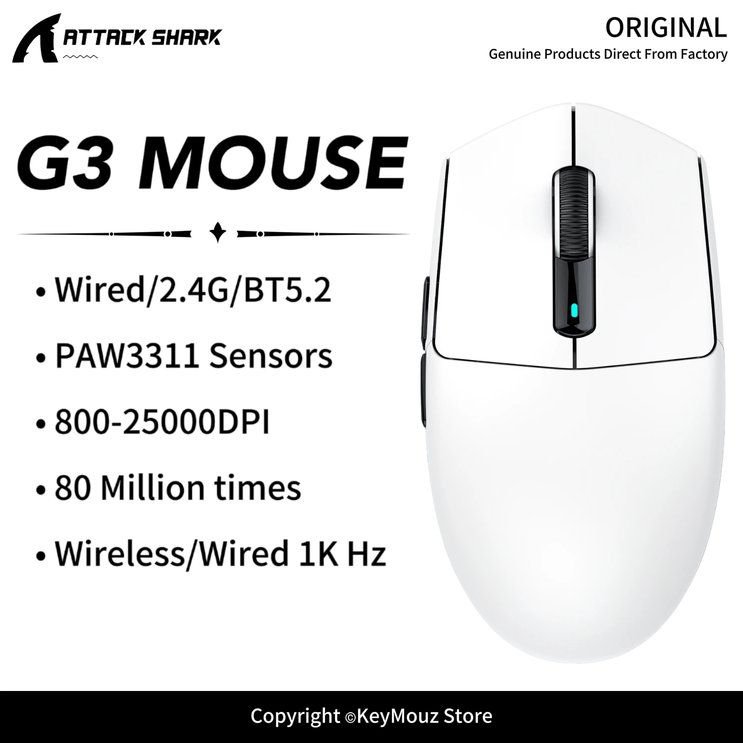 ATTACK SHARK G3 Tri-Mode Gaming Mouse 1000Hz Polling Rate PAW3311 25K DPI HUANO Switch for Esports Gamers