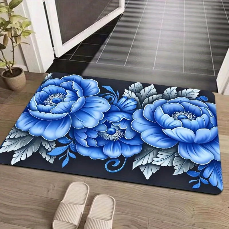 

1PC HD Blue Peony Door Mats Kitchen Rugs Non-Slip Pop arts design Living room Rugs Bath Mat Carpet for Home Sink Laundry Decor