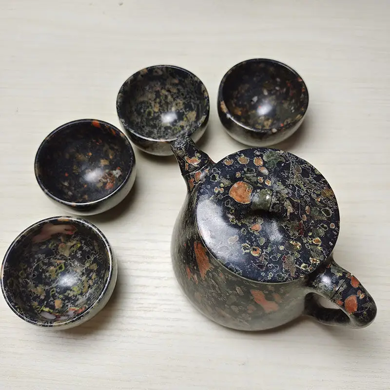 Natural Plum Blossom Jade Tea Set 1 Teapots 6 Teacups Magnetic Stone Health Gongfu Teaware Genuine Jades Stone Kung Fu Teasets