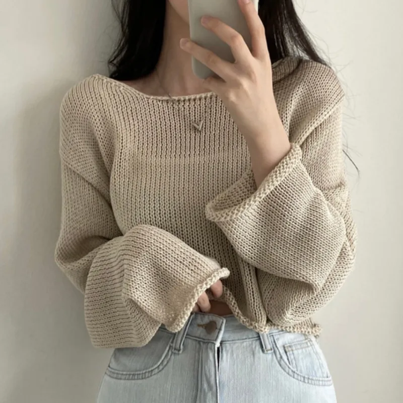 Matakawa Slash Neck Women Pullovers Thin Spring Summer Sun-resistant Sweaters Solid Korean Fashion Loose Basic Pull Femme