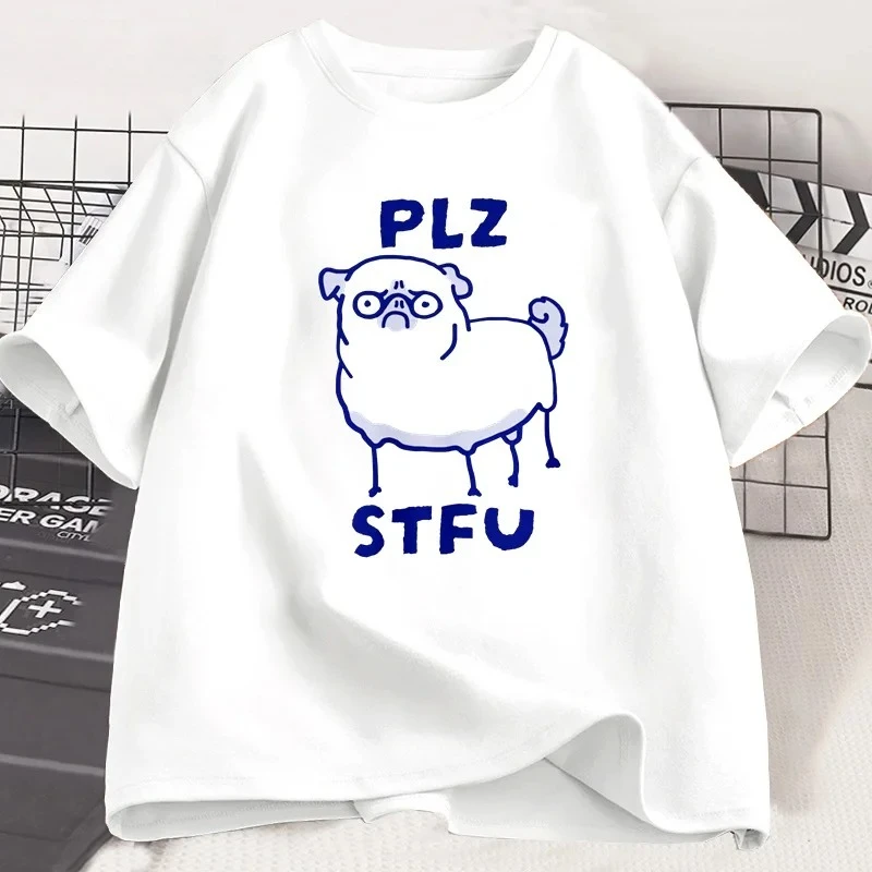 PLZ STFU Pug T Shirt Women Casual Short Sleeve Tee Shirt Meme Funny T-Shirt Vintage Drawing Racoon Animal Tshirt Streetwear Tees