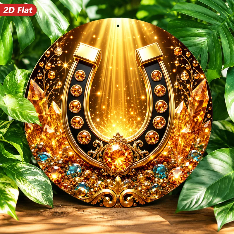 CIFBUY 1pc 2D Flat Golden Horseshoe Metal Wall Art,Sparkly Gem Design Round Iron Sign,Lucky Home Garden Wall Decor Gift