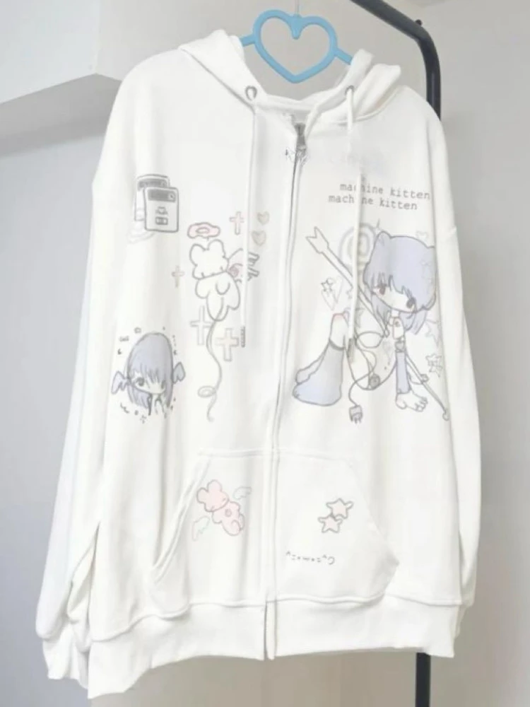 Japanese Kawaii Cartoon Print Hoodies Women Loose Sweet Pocket All Match Coats Y2k Aesthetic Cute Fashion Ins Sweatshirts Casual