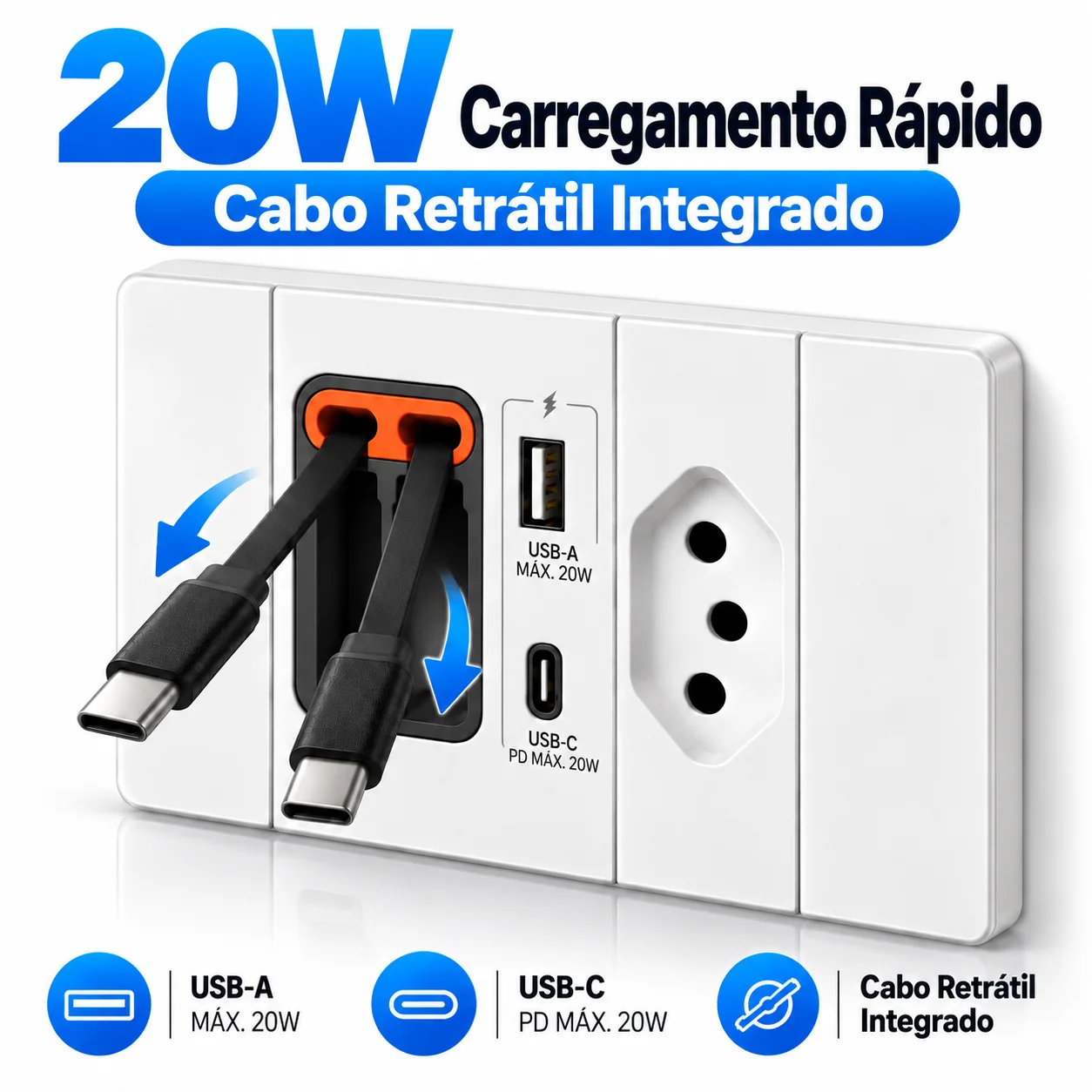 ELEGAN 20W Fast Charging Wall Charger with Dual Retractable USB-C Cables, Type-C PD & USB-A, Brazil Socket with Retractable Cabl