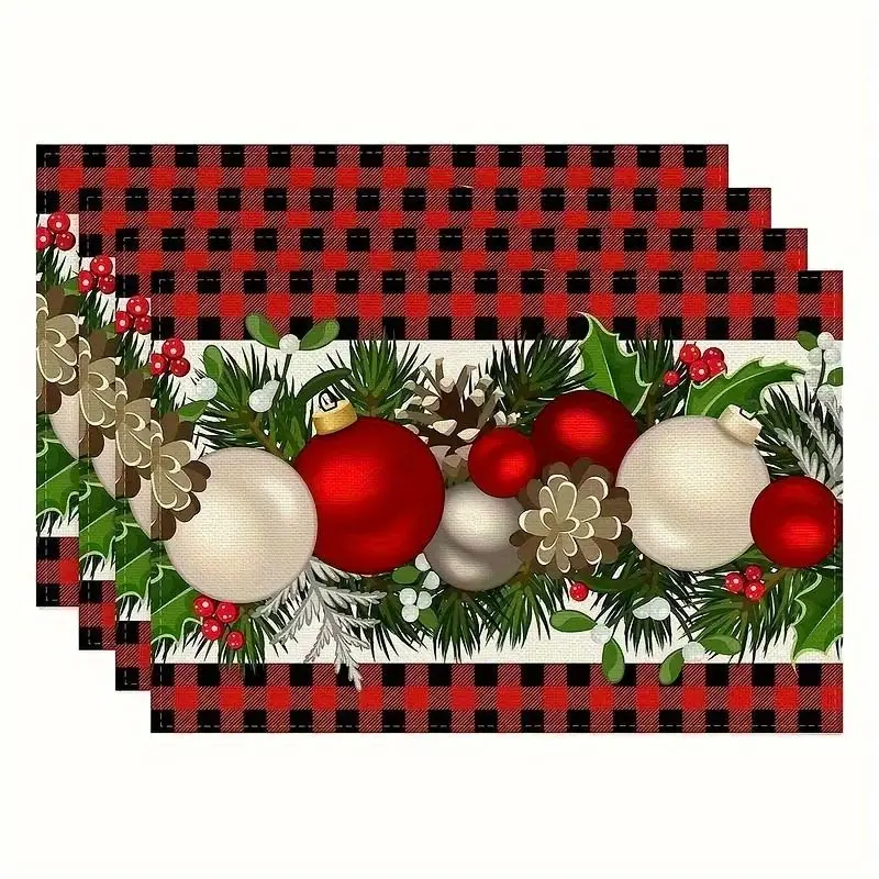 VIKAMA Christmas Placemat Check Holly Print Dining Table Mat Set for Kitchen Home Holiday Washable Place Mats