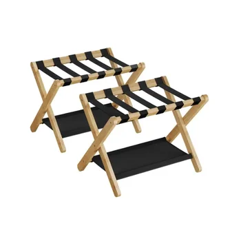 Set of 2 Functional Folding Bamboo Luggage Rack with Storage Shelf Natural Hotel or Home Decor Display Clothes Stand