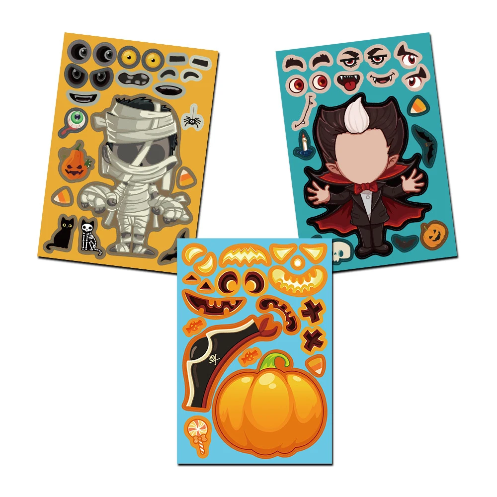 6/12 Vellen Halloween Maken Een Gezicht Puzzel Stickers Voor Kinderen Spel Maak Je Eigen Horror Kinderen Diy Assembleren Puzzel Speelgoed Feestgeschenk