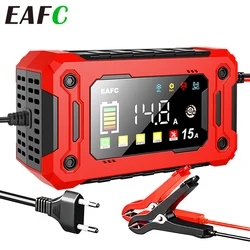 EAFC 12V Car Battery Charger 8A/15A Large Screen Pluse Repair  Charger for Auto Moto SUV Lithium AGM Lead Acid GEL LCD Display