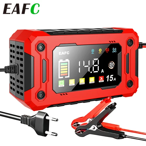 EAFC-cargador de batería de coche de 12V, 8A/15A, pantalla grande, cargador de reparación Pluse para Auto, Moto, SUV, litio, AGM, pantalla LCD de GEL de plomo y ácido