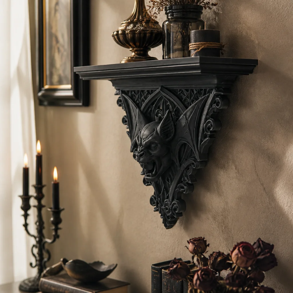 Gothic Gargoyle Corbel Wall Shelf, Black Resin Ornate Floating Display Rack for Dark Academia Medieval Gothic Home Decor