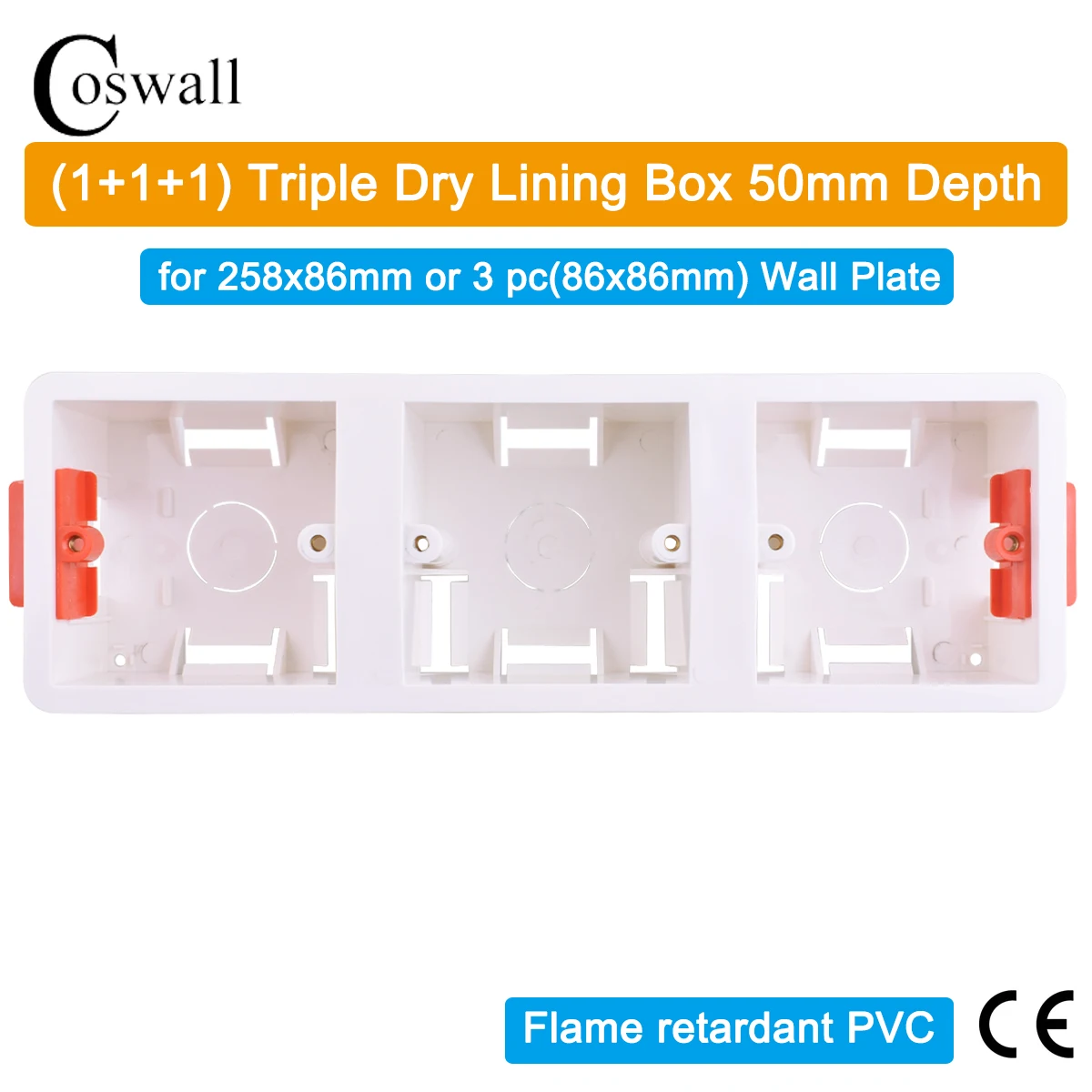 Coswall 86 Type Cassette Triple Dry Lining Box For Gypsum Board / Drywall / Plasterboad 50mm Depth Wall Switch BOX Wall Socket
