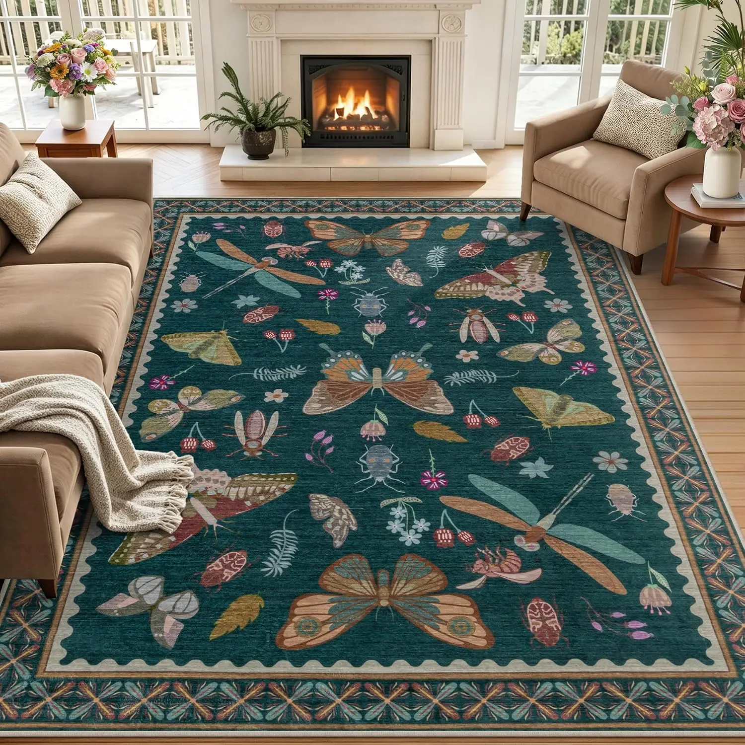 Vintage Floral Area Rug Carpet Boho Washable Vintage Rug Cozy Home Floor Mat Lounge Office Apartment Indoor Bohemian Kitchen