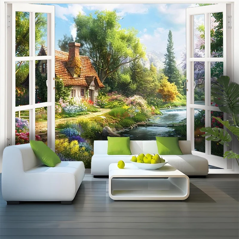 1PC Digital Print Tapestry Wall Hanging, Fake Window Sunset Mountain Lake View Art, Nature Scenery 3D Window Wall Art Decor - view 5