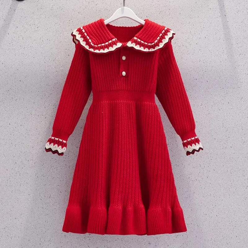 2026 Autumn spring Teenagers Girls Kids Knit Sweater Dresses Princess button clothes new year christmas 4 5 6 7 8 9 10 11 year