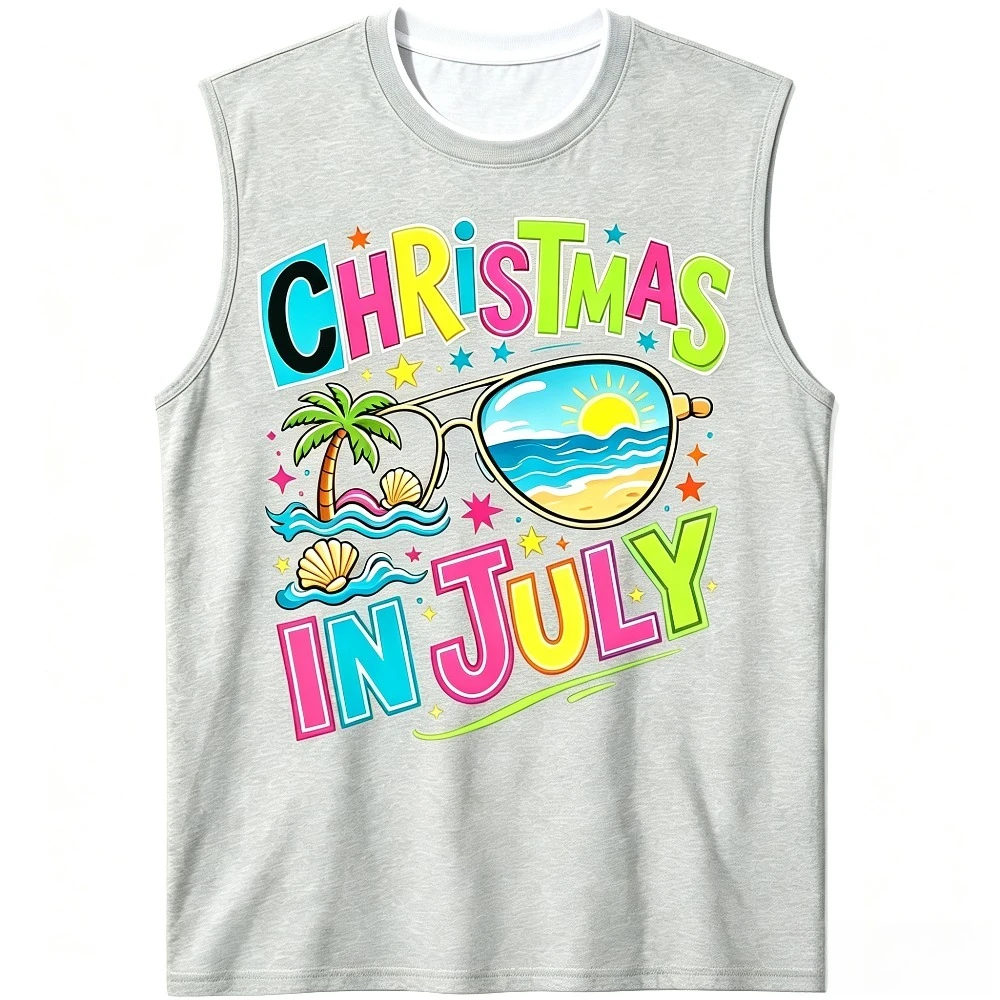 Men Christmas In July Beach Sunglasses Graphic Tank Top Summer Holiday Casual Sleeveless Tee For Tropical Vacation Party Wear