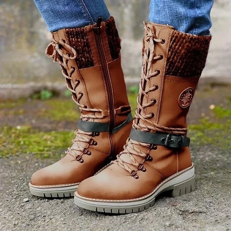 Women\'s Winter Side-pull Lace-up Knitted Mid-tube Boots Low-heeled Round-toe Boots High-quality Winter Warm Boots Botas De Mujer