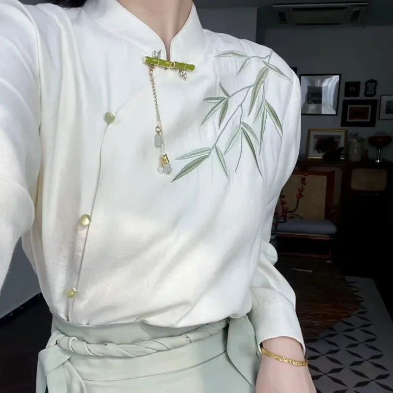 Verano elegante blanco cuello alto Top bordado de bambú falda verde traje Tang ropa tradicional china de mujer de talla grande