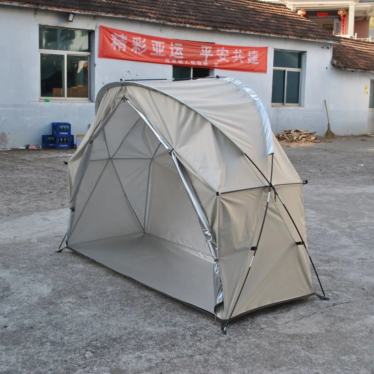 

Sunproof, waterproof, double layered, double doors can accommodate 4 bicycles, motorcycles tents,storage outdoor camping