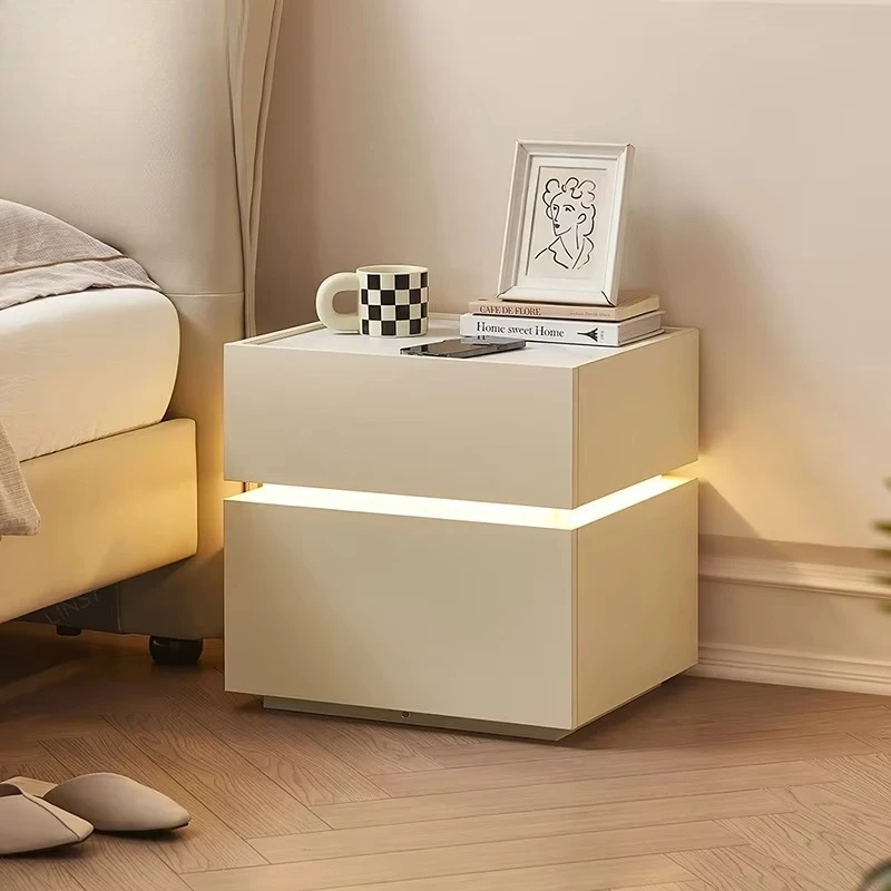White Color Smart Bedside Table with Wireless Charging Intelligent Nightstand