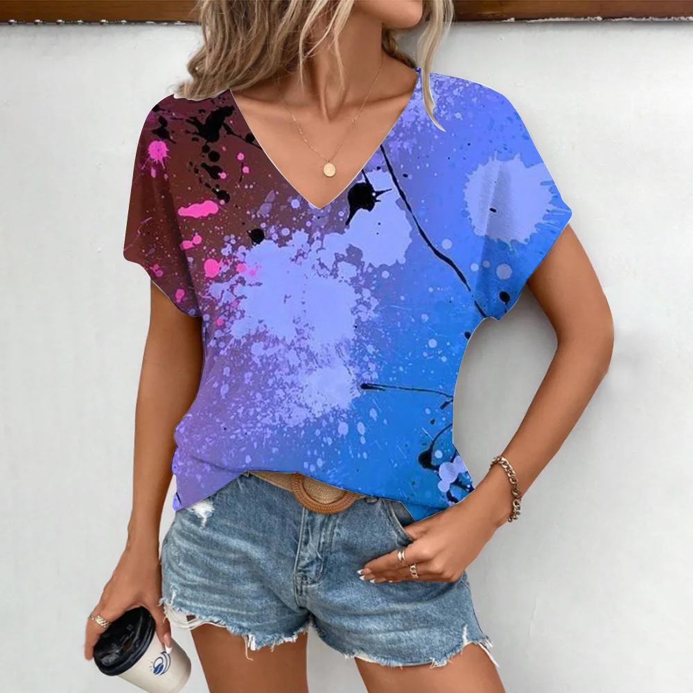Color Splashed Ink 3D Print T-shirt Women Streetwear Casual T Shirts Y2k Tops Woman Harajuku V-Neck Tees Oversized Clothing
