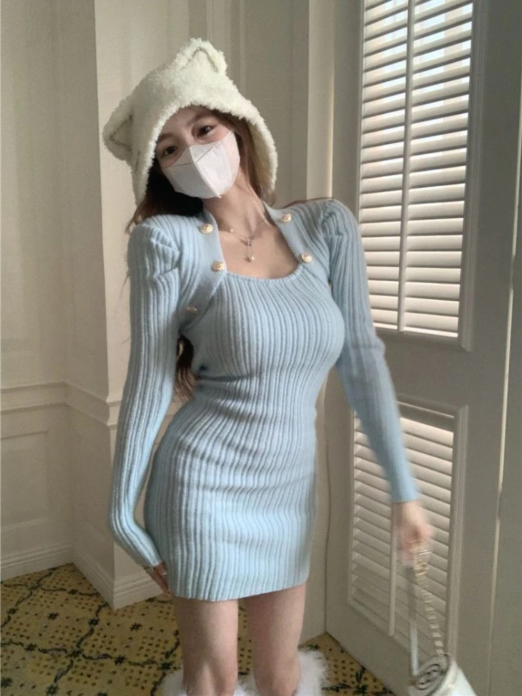 فستان نسائي منسوج أزرق أنيق أساسي رائع Harajuku كوري للخريف والشتاء تخفيضات Y2k Bodycon فساتين كروشيه نسائية #4