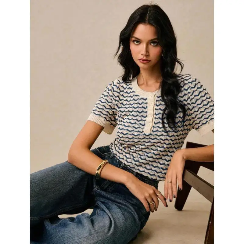 

New L 98730 round Ne ort Sve Knitted Sweater Full Print Button Decoration Collar Ciwalk Suitable for Middle-Age...