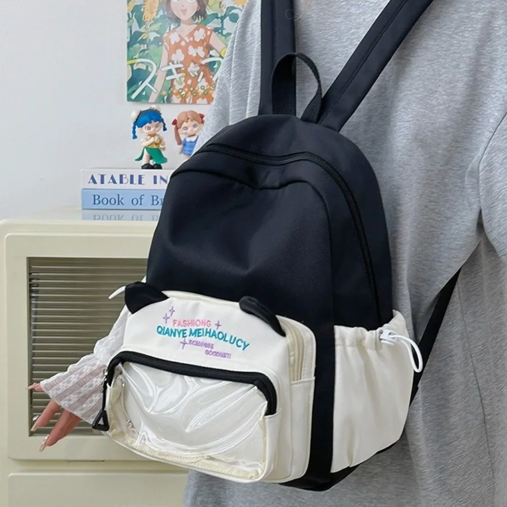Multiple Pockets Transparent Pocket Backpack Color Matching Adjustable Straps Student School Bag Nylon PVC