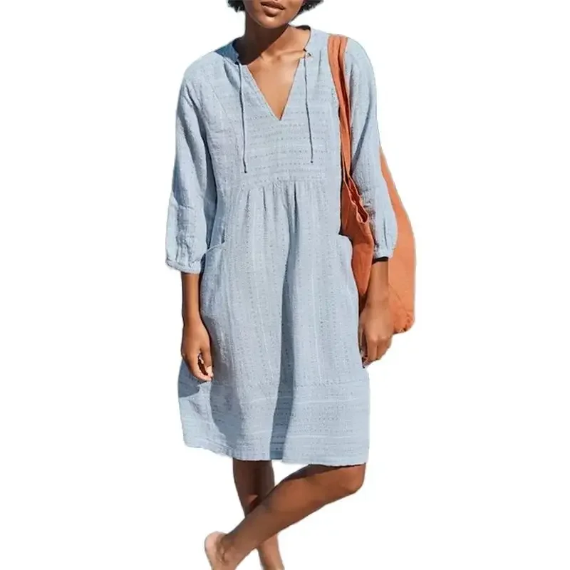 

Solid Color Jacquard Dresses Women Comfortable Cotton Linen Casual Loose Dress Deep V Neck Pullover Double Pockets Female Gown 4