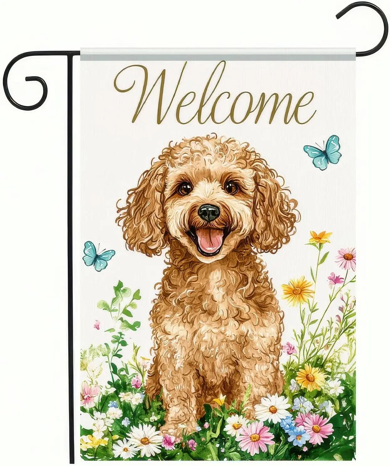 BlissYard Welcome Spring Summer Dog Garden Flag Double Sided 12 x 18 Inch Wildflowers Butterflies Poodl Dog Yard Small Flag  SSL