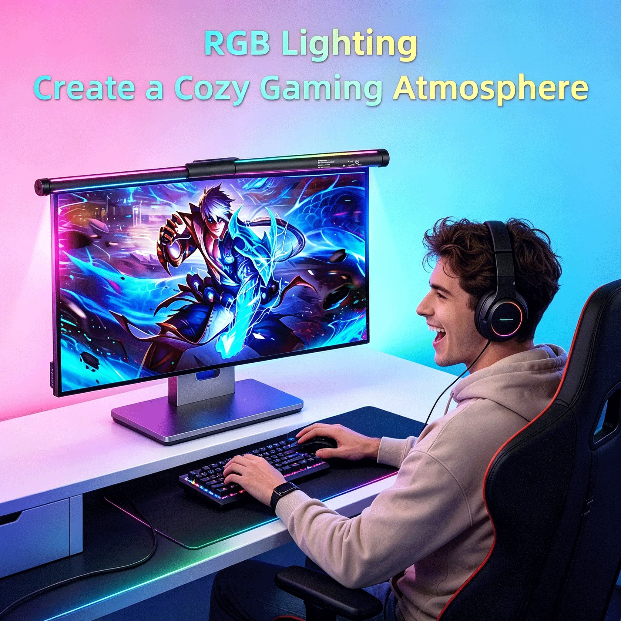 Barra de luz LED para monitor, luces colgantes para pantalla de ordenador, lámpara de mesa RGB de 44cm para trabajo, estudio, lectura, juegos, iluminación regulable
