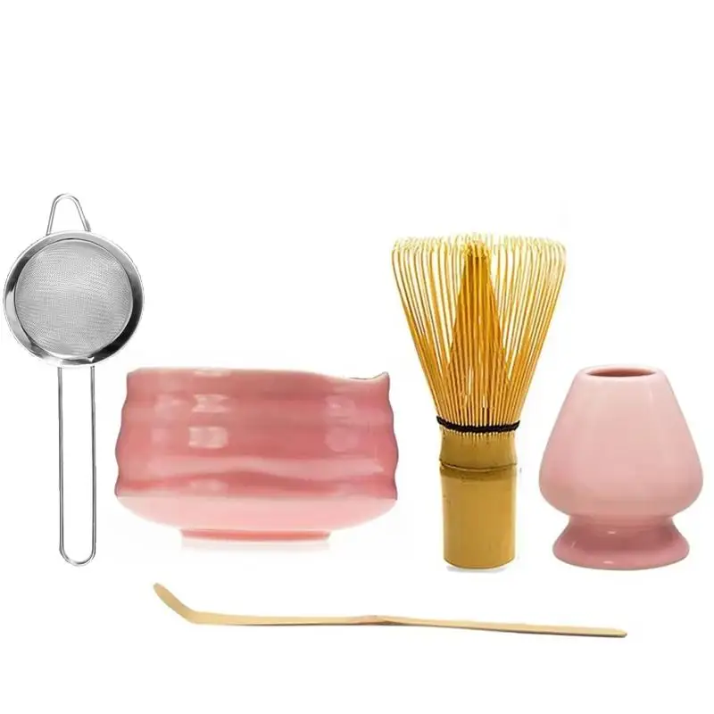 1/3/4/5-Piece Japanese-Style Ceramic Pink Matcha Bowl Set With Matcha Whisk, Whisk Holder, Tea Scoop, Tea Strainer, Tea Utensils