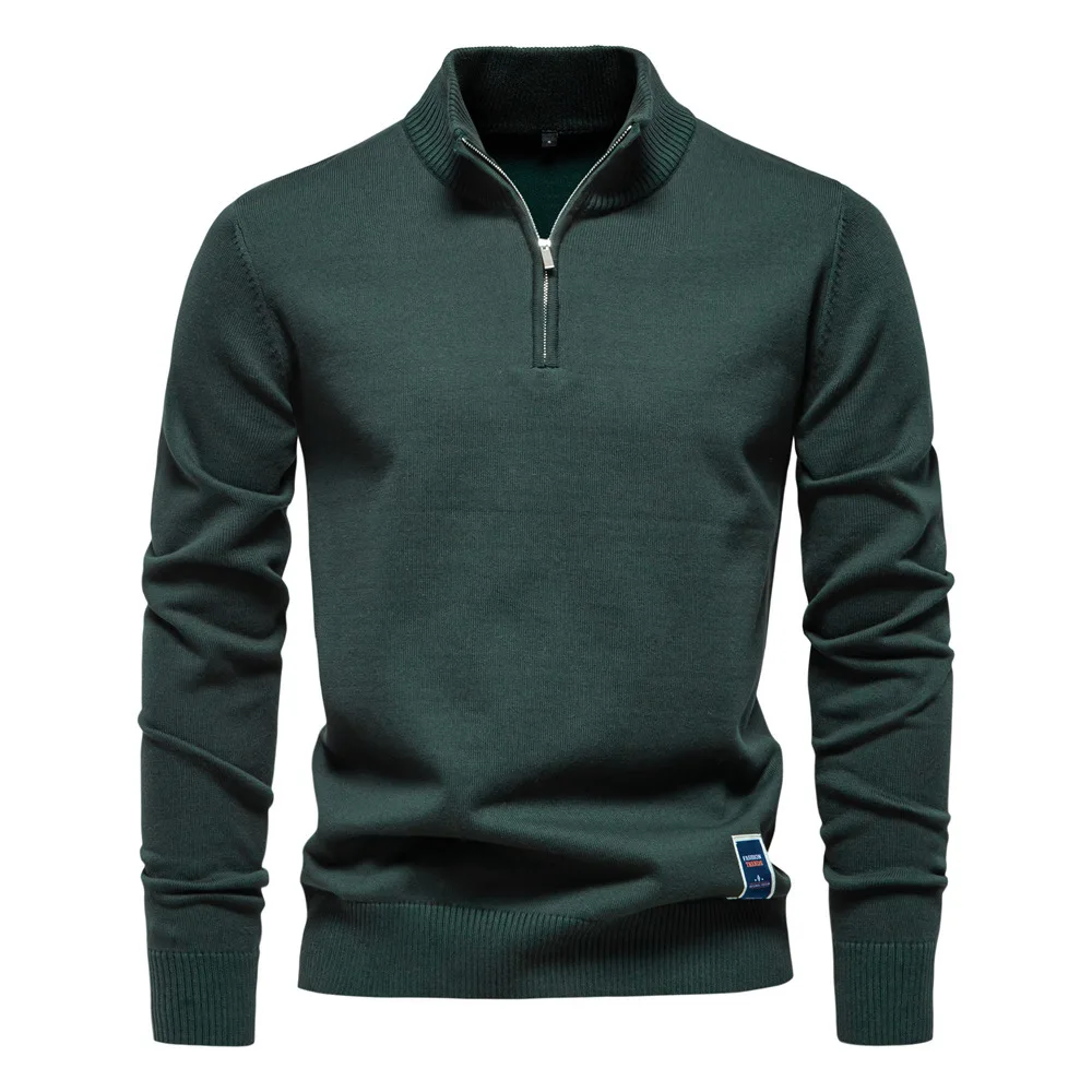 2024 New Solid Color Cotton Stand Up Collar Half Zipper Slim Fit Men's Knitted Sweater Top