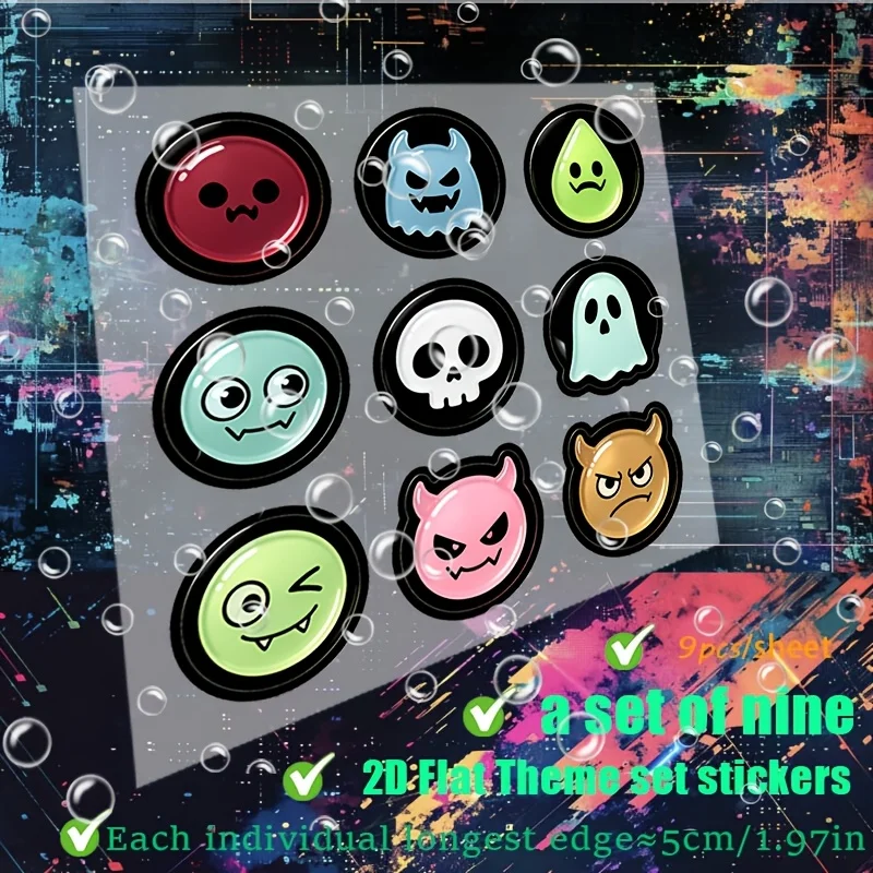 9Pcs 2D Glossy Cartoon Monster Ghost Waterproof Stickers Round Colorful Decals Holiday Gift For Car Laptop