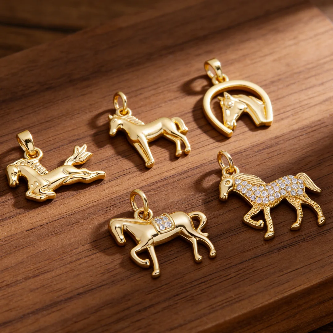 4Pcs Pendants Brass Zirconia Shiny Elegant Galloping Horse Charms for DIY Jewelry Making Necklace Bracelet Accessorie Men Women