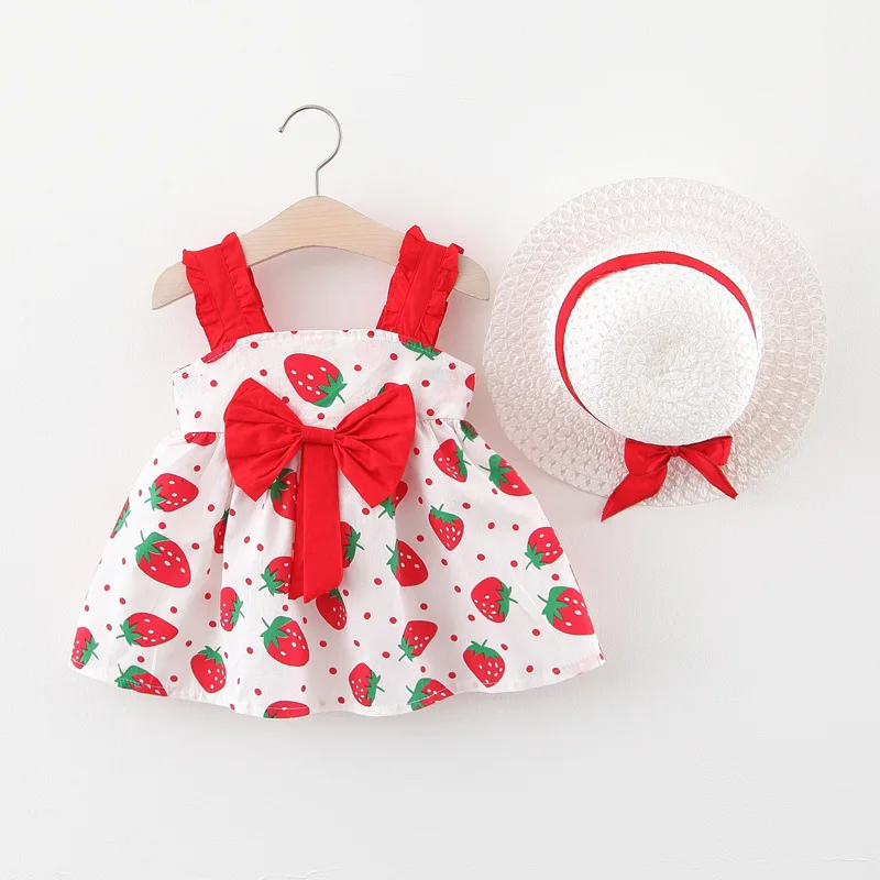 Summer New Girls' Dress Baby Girl Dress Korean Version Floral Dress Baby Stylish Cotton Dress Bow Tie Hat Included