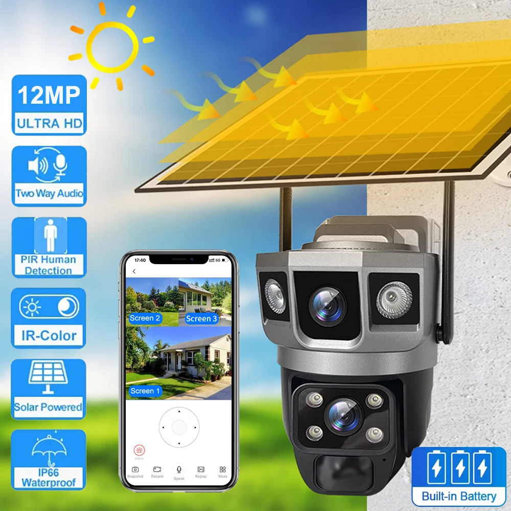 

Cámara Solar de seguridad para exteriores, videocámara impermeable inalámbrica con WiFi, Monitor de batería de CCTV,PIR,6K,12MP