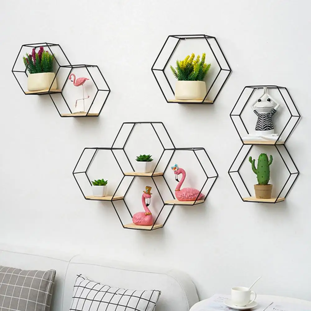 Hexagonal Flower Pot Rack Nordic Style Iron Storage Holder Punch Free Wall Shelf Home Decor Handicraft Display Storage Holder