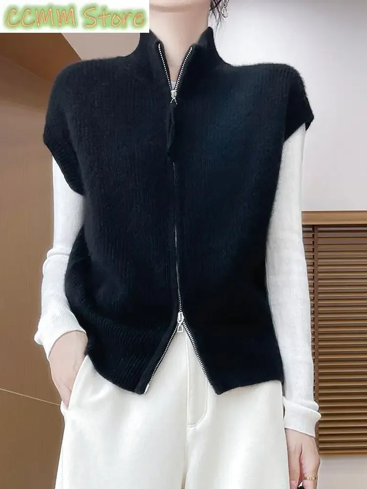 

Женский жилет на молнии, жилет из мериносовой шерсти, свитер, кардиган без рукавов, осень-зима, кашемировый трикотаж, корейский топ